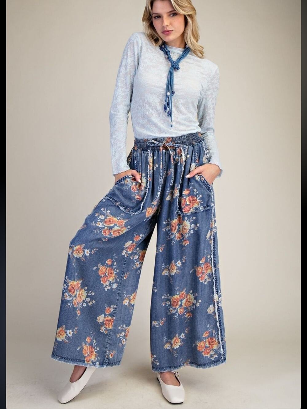 185 | Floral Print Washed Chambray Wide Leg Pant